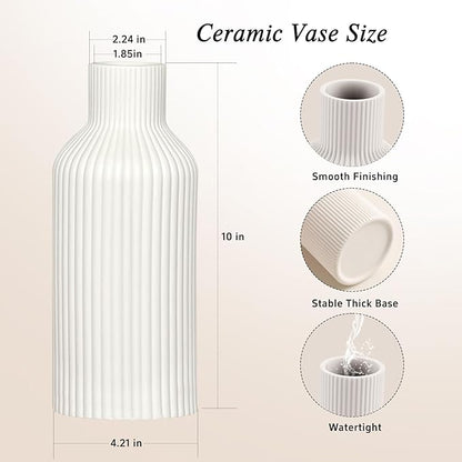 White Ceramic Flower Vase, Minimalist Modern Home Decor, Matte Finish Pampas Grass Vase for Table, Fireplace, Shelf, Mantel, Entryway and Centerpieces (10in)