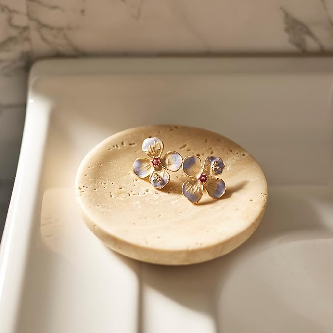 Round Marble Trinket Dish, Jewelry Tray Real Marble Soap Dish for Facial Sponge, Bathroom Makeup Sponge Holder,Nightstand Decor, Coaster(Beige Travertine)
