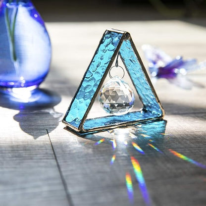 H&D HYALINE & DORA Stained Glass Window Sun Catcher Hangings Pyramid Colored Glass Hanging Ornament for Wall, Window，Car and Party Decoration,Blue
