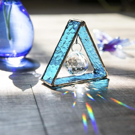 H&D HYALINE & DORA Stained Glass Window Sun Catcher Hangings Pyramid Colored Glass Hanging Ornament for Wall, Window，Car and Party Decoration,Blue