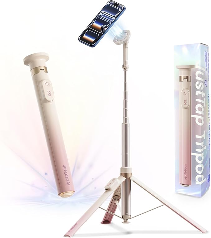 KraftGeek Magnetic Phone Tripod for iPhone MagSafe – 66'' Auto-Open Selfie Stick with Remote, Cell Phone Tripod Stand for Video Recording, Vlogging & TikTok (Ombré Peach)