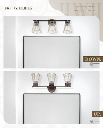 Bathroom Vanity Light Fixture, HWH 3-Light Farmhouse Vanity Lights Over Mirror Bathroom Lighting Fixtures with Clear Striped Glass Shade, Oil-Rubbed Bronze Finish, 5HZG97B-3W ORB