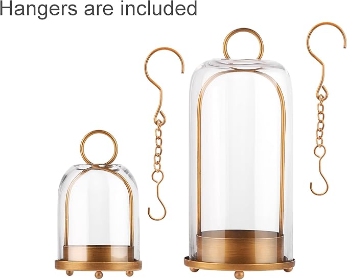 5" & 4" Wide Versatile Metal Candle Holder in Antique Brass with Handmade Thick, Heavy & Sturdy Glass Dome for Pillar Candle, Industrial, Modern, Shelf, Mantel, Veranda, Porch (Brass, Large & Small)