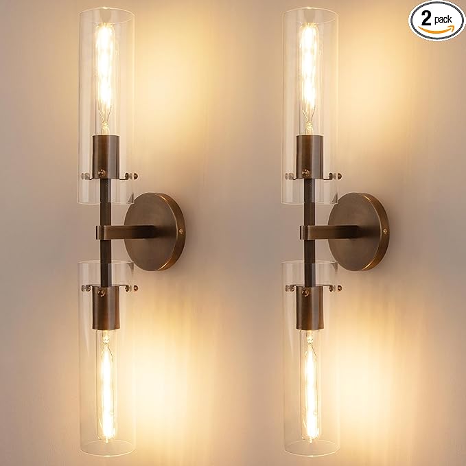 Brass Bronze 2-Light Knurled Wall Sconce, Dual-Head Vanity Lamp Set of Two with Clear Glass Tube, Bathroom Wall Sconces, Wall Lights for Living Room Bedroom Hallway Kitchen Bathroom Mirror