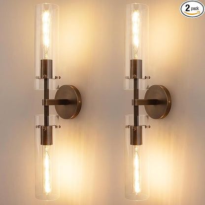 Brass Bronze 2-Light Knurled Wall Sconce, Dual-Head Vanity Lamp Set of Two with Clear Glass Tube, Bathroom Wall Sconces, Wall Lights for Living Room Bedroom Hallway Kitchen Bathroom Mirror