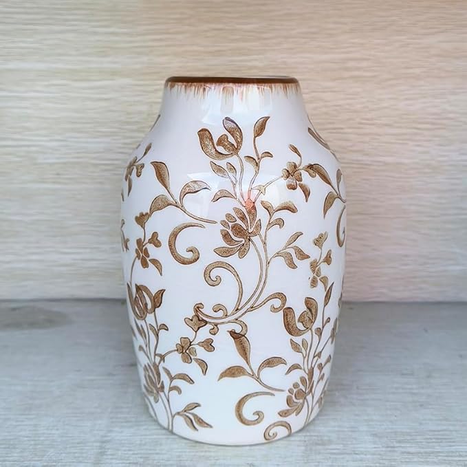 SIDUCAL Ceramic Vintage Vase, 7 Inch Retro Ice Cracked Chinoiserie Floral Vase, Rustic Farmhouse Vases for Home Decor, Bookshelf, Office, Garden, Chinoiserie Decor, Tuscan Decor, Brown Floral Pattern