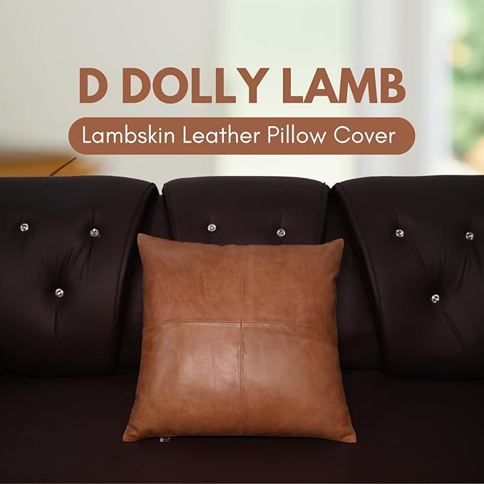 D DOLLY LAMB Lambskin Leather Pillow Cover - Sofa Cushion Case - Decorative Throw Covers for Living Room & Bedroom, 18x18 Inches - Antique Brown Plain