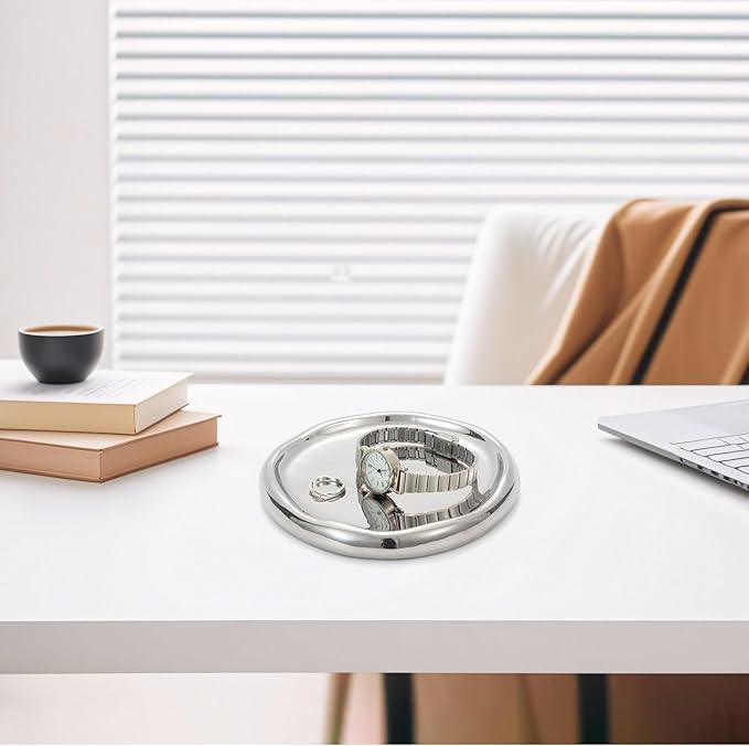 Silver Ceramic Round Jewelry Tray, Classic Round-Shaped Trinket Dish for Rings/Earrings/Keys/Perfume, Minimalist Vanity Tray & Key Tray Organizer, Gift for Mother’s Day/Birthday/Christmas