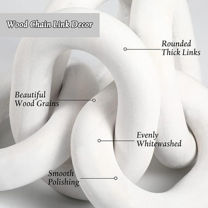 Queekay Decorative Wood Chain Link Decor Rustic Wooden 5 Link Wooden Chain Decor Ornament Farmhouse Home Decoration Hand Carved Wood Crafts Ornaments for Coffee Table(White)