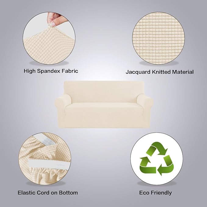 H.VERSAILTEX Stretch Sofa Covers for 3 Cushion Couch Covers Sofa Slipcovers for Living Room Feature Thick Checked Jacquard Fabric with Elastic Bottom, X-Large Sofa 101"-110" Wide, Cream