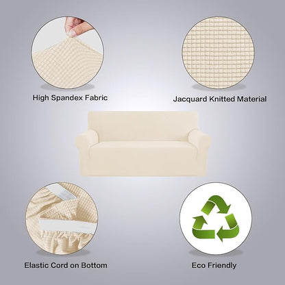 H.VERSAILTEX Stretch Sofa Covers for 3 Cushion Couch Covers Sofa Slipcovers for Living Room Feature Thick Checked Jacquard Fabric with Elastic Bottom, X-Large Sofa 101"-110" Wide, Cream