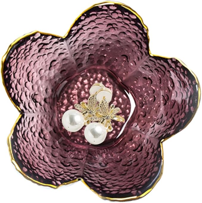 Flower Ring Jewelry Dish Tray, Decorative Glass Trinket Tray, Jewelry Earring Dish Holder, Key Bowl, Decoration Plate for Women Wife Mom (Purple)