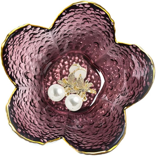 Flower Ring Jewelry Dish Tray, Decorative Glass Trinket Tray, Jewelry Earring Dish Holder, Key Bowl, Decoration Plate for Women Wife Mom (Purple)