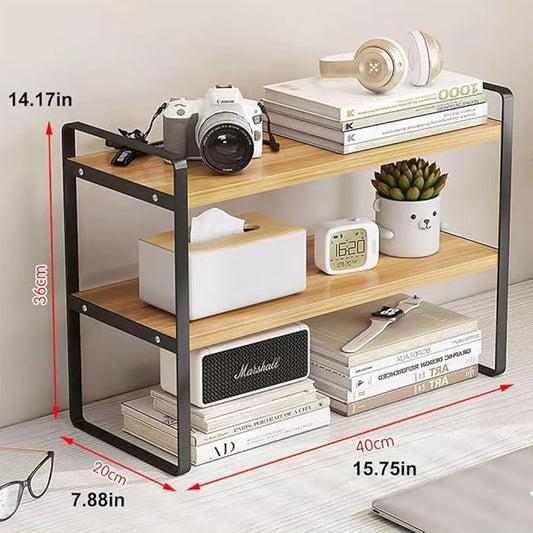 Hbluefat Desktop Organizer Shelf, 2-Tier Multipurpose Tabletop Storage Bookshelf, Small Wooden Countertop Storage Rack for Home Office Kitchen (Wood+Black)