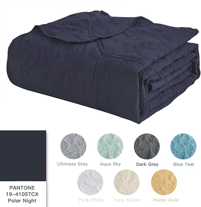 HZ & HY Oversized King Bedspread, Quilted Coverlet Bedding Set, Lightweight Thin Comforter, Reversible, Luxurious, 5 Piece, 100% Microfiber, Navy Blue