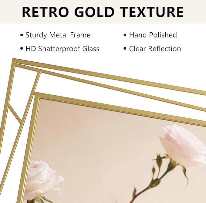 Brushed Gold Bathroom Mirror, 45''X30'' Rectangular Wall Mirrors with Geometric Metal Frame for Bathroom Bedroom Living Room, Hang Horizontally or Vertically