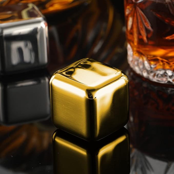 2 Large 64cm³ Whiskey Stones - Reusable Stainless Steel Metal Ice Sphere Cubes Beverage Chilling Rocks Whiskey Stones for Red Wine, Bar Beer, Scotch, Vodka Drinks - Gold