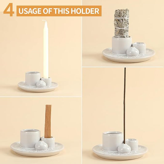 Palo Santo Sticks Holder, Multi-Purpose Handmade Ceramic Incense Burner for Palo Santo Incense Sticks, Sage Holder for Burning, Ash Catcher Tray for Meditation Yoga Room (White)