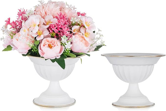 Sziqiqi White Flower Arrangements Pot Vase for Wedding Tables Centerpieces - 2 Pcs Small Metal Flower Planter Urn Vase Pot for Wedding Party Birthday Ceremony
