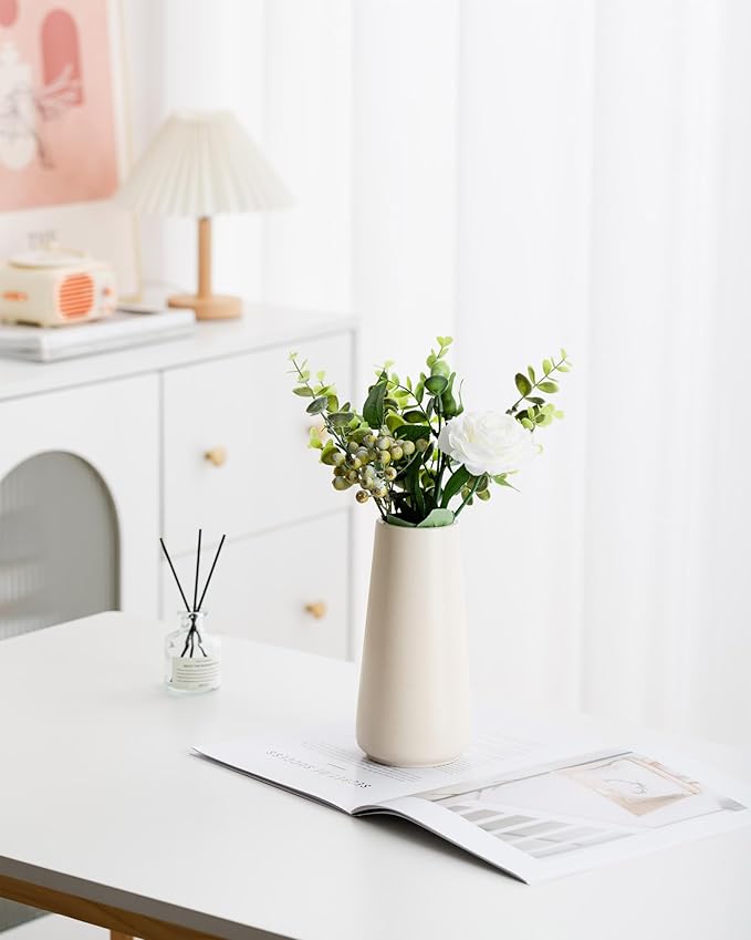 Beige Ceramic Vase - 8“ Neutral Vase Home Decor, Boho Off White vase, Cream vases for Flower, Minimalist Modern Ivory Vases for Centerpieces, Room Decor, Living Room, Bedroom