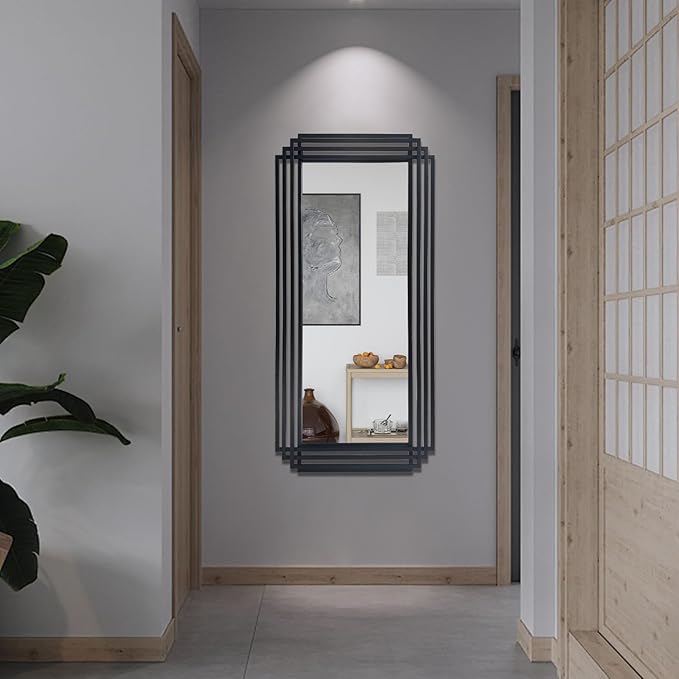 Black Rectangle Mirror, 47"x22" Art Deco Wall Mirrors with Geometric Metal Frame, Modern Elegant Mirror for Living Room Bathroom Bedroom Entryway Hallway, Hangs Vertically or Horizontally