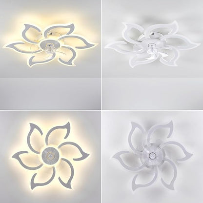 35" White Flower Ceiling Fan with Light Remote Control, 3 Light Color 6 Speeds Flush Mount Low Profile Ceiling Fan for Bedroom Kitchen