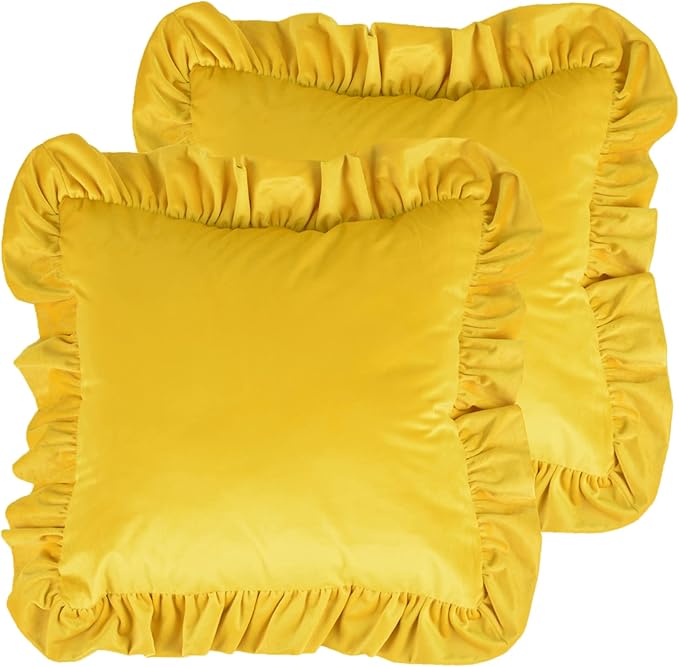 Velvet Ruffle Throw Pillow Covers Couch, Set of 2 Decorative Pillowcases with Ruffles 20x20 Inch Solid Color Shabby Chic Farmhouse Cushion Cover for Living Room Sofa Bed, Yellow