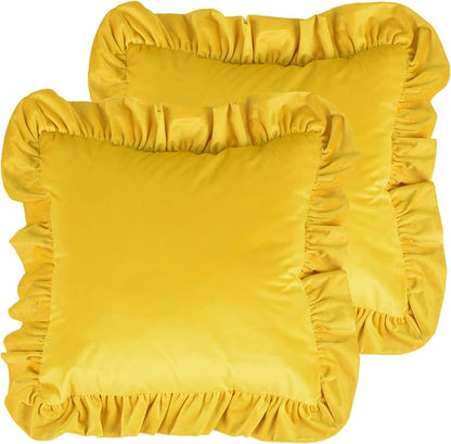 Velvet Ruffle Throw Pillow Covers Couch, Set of 2 Decorative Pillowcases with Ruffles 20x20 Inch Solid Color Shabby Chic Farmhouse Cushion Cover for Living Room Sofa Bed, Yellow