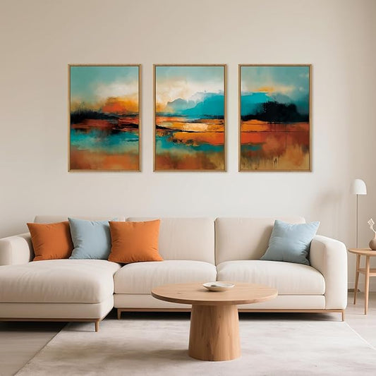 Large Abstract Burnt Orange Framed Canvas Wall Art,Neutral Blue and Black Wall Decor,Modern Brush Stroke Artwork,Minimalist Watercolor Art Print for Living Room,Bedroom,Office- 16"x24"x3