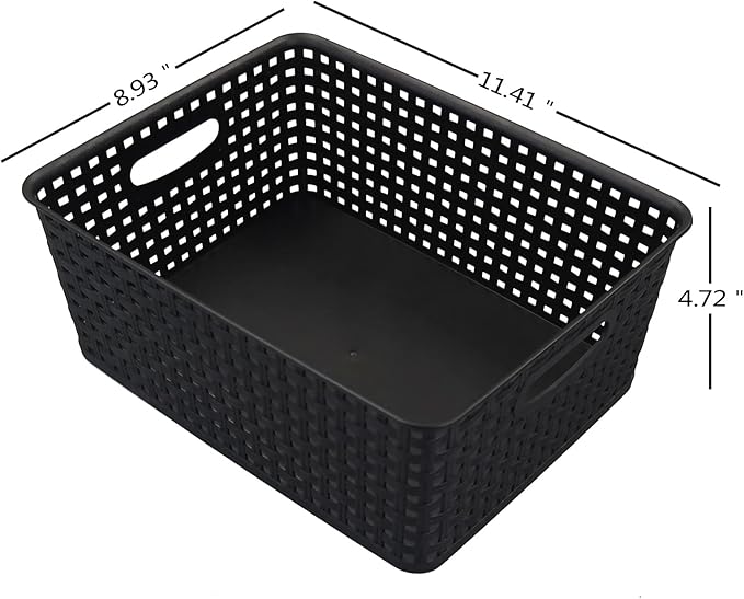Morcte Plastic Weave Shelf Basket, 4-Pack Plastic Baskets Organizer, Black