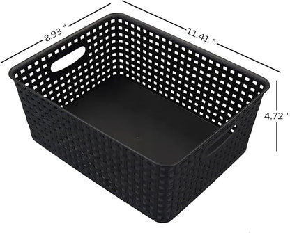 Morcte Plastic Weave Shelf Basket, 4-Pack Plastic Baskets Organizer, Black