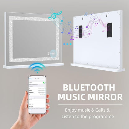Fenair Vanity Mirror with Lights and Bluetooth Speaker 22.8* 18.1’ Hollywood Mirror with Crystal Light Strip Makeup Mirror, 3 Color LED Mirror USB Charging Port, 10X Magnification, Smart Touch, White