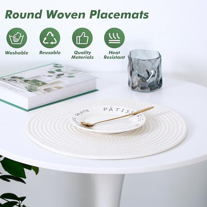 Round Woven Placemats Set of 8 Heat Resistant Placemats 13.5 Inches Farmhouse Cotton Rope Place Mats for Dining Tables Trivets for Hot Dishes, White