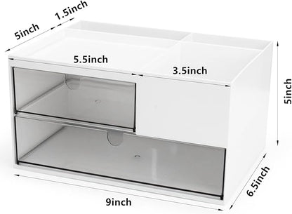 Desk Drawer Organizer, Desk Storage Box with 2 Drawers and 4 Compartments, Multifunctional Desk Accessories & Countertop Organizers for Office School Home (White）