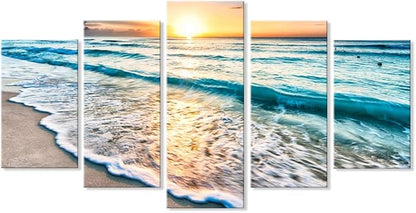 Goldfoilart 5 Pieces Beach Coastal Wall Art Sea Sunset Seascape Pictures Ocean Photography Canvas Large Horizontal Landscape Multi Framed Artwork for Bedroom Living Room Bathroom Wall Decor