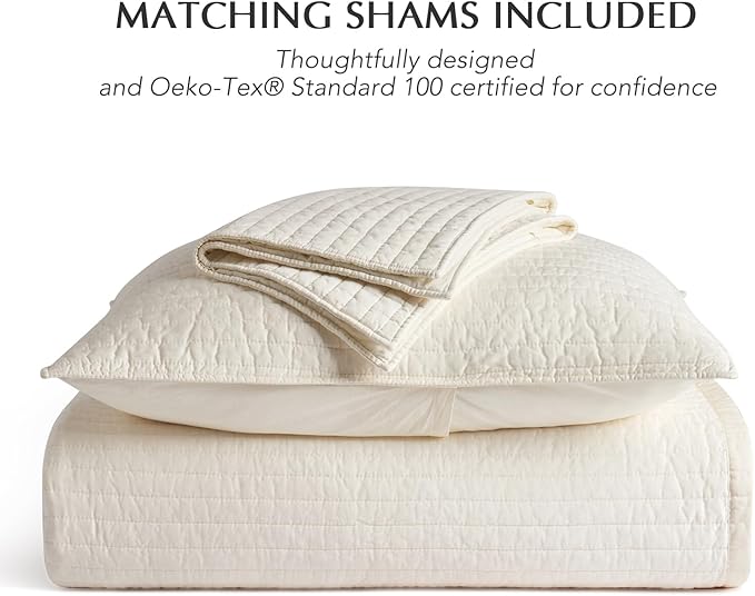 EVERGRACEHOME Cotton Sateen Quilt Set Queen Size, Pre-Washed Cotton Channel Stitch Coverlet Bedspread, 3 Pieces Lightweight Soft Bedding Sets for All Season, with 2 Pillow Shams, Cream