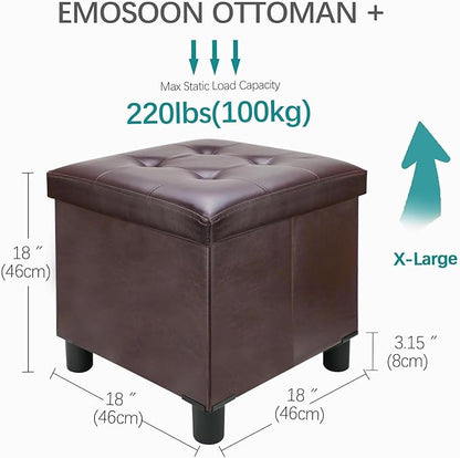 18 Inches Cube Storage Ottoman, Faux Leather Collapsible Square Folding Ottoman Furniture with Storage for Living Room Bedroom, Foot Rest Foot Stool with Legs, Brown 18x18x18 Inches