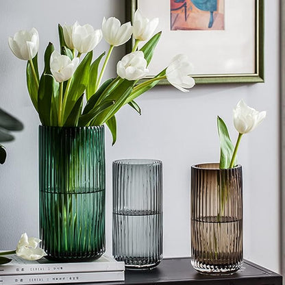 Muyan 7.5" Flower Vase for Decor Ribbed Glass Vase Modern for Centerpieces Desktop Home Office Dining Living Room Wedding (Amber)