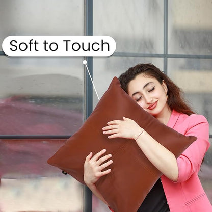 LL LEATHER LOVERS Lambskin Leather Pillow Cover - Sofa Cushion Case - Decorative Throw Covers for Living Room & Bedroom, 18x18 Inches - Camel Antique Plane Pack of 1