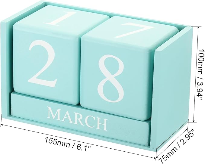 PATIKIL Vintage Wood Block Perpetual Calendar, Reusable Wooden Month Date Display Blocks for Desk Office Home Decoration 6.1", Green