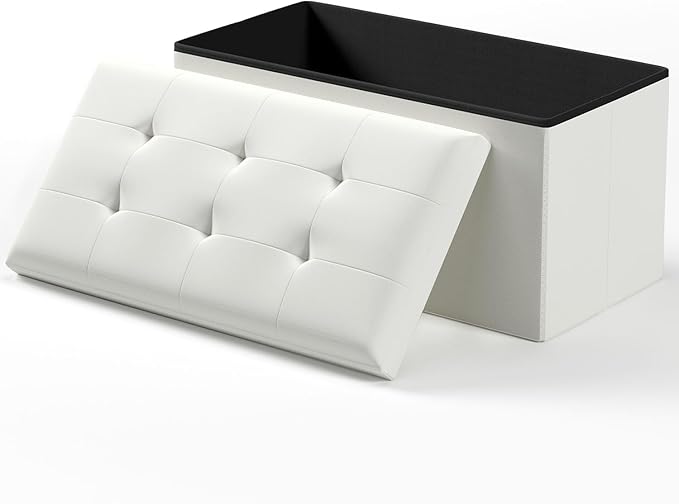 Folding Storage Ottoman Bench, Multi-Functional Ottoman Footrest, End of Bed Bench, Storage Chest for Living Room, Bedroom, Hallway, Entryway, Holds Up to 600 lbs (White, 30 Inches)