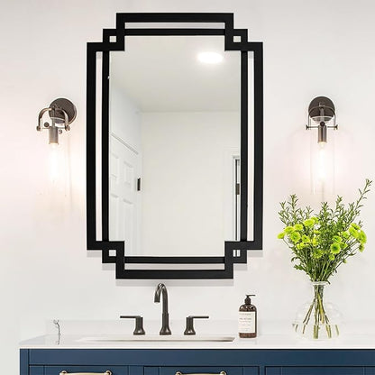 Black Decorative Mirror for Wall Decor, 24" x 36" Large Elegant Living Room Mirror with Irregular and Rectangular Metal Frame, Contemporary Bathroom Mirror Above Sink