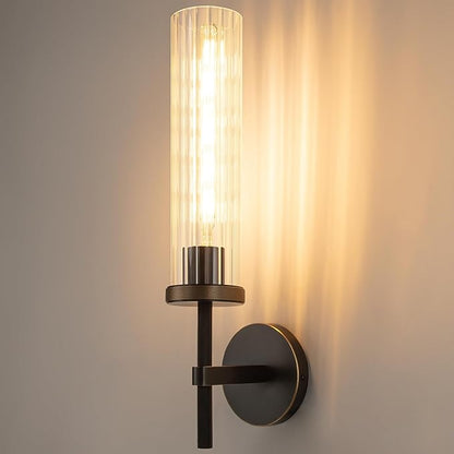 19.5" Knurled Brass Wall Sconce with Vertical Striped Glass Tube, Black Gold Bathroom Vanity Light Fixtures, Modern Lamp Lighting for Bedroom, Living Room, Hallway, Staircase, Mirror, Kitchen