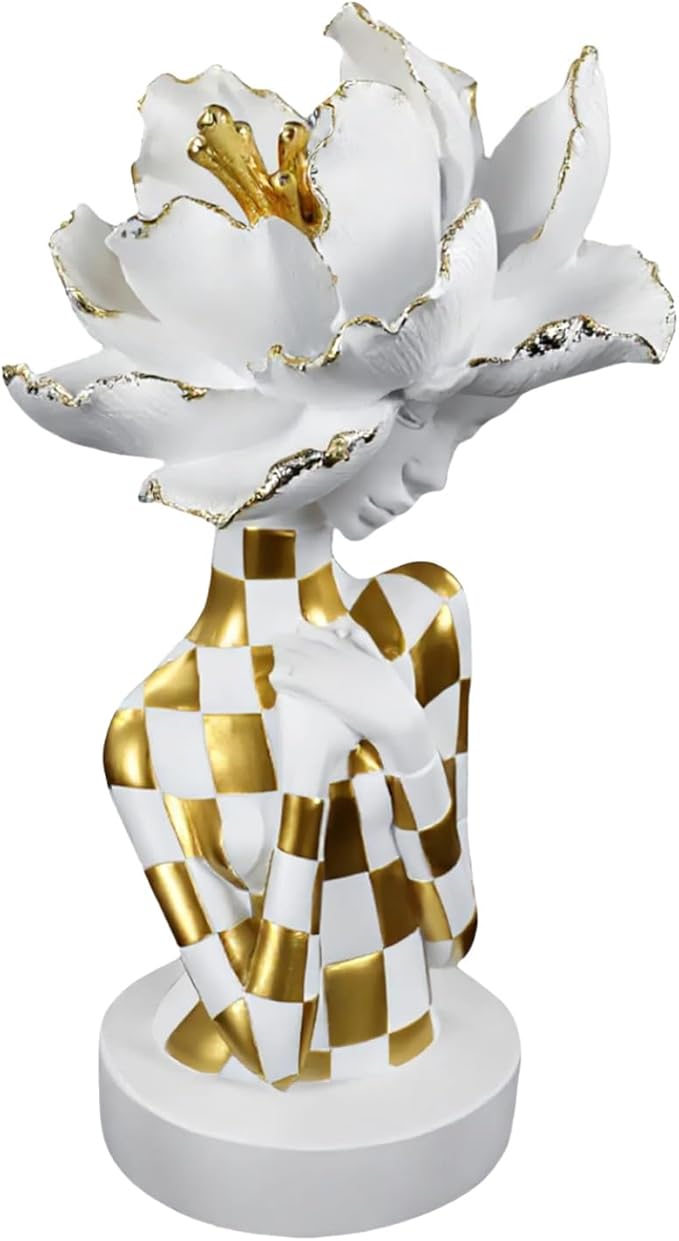 White and Gold African Woman Sculpture – Elegant Resin Figurine with Floral Headpiece, Modern African Art Statue for Home Decor, Cultural Figurine Gift for Women