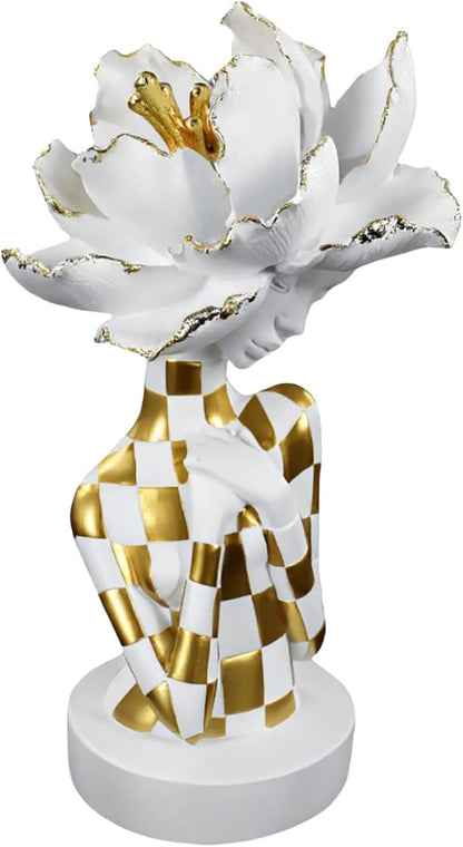 White and Gold African Woman Sculpture – Elegant Resin Figurine with Floral Headpiece, Modern African Art Statue for Home Decor, Cultural Figurine Gift for Women