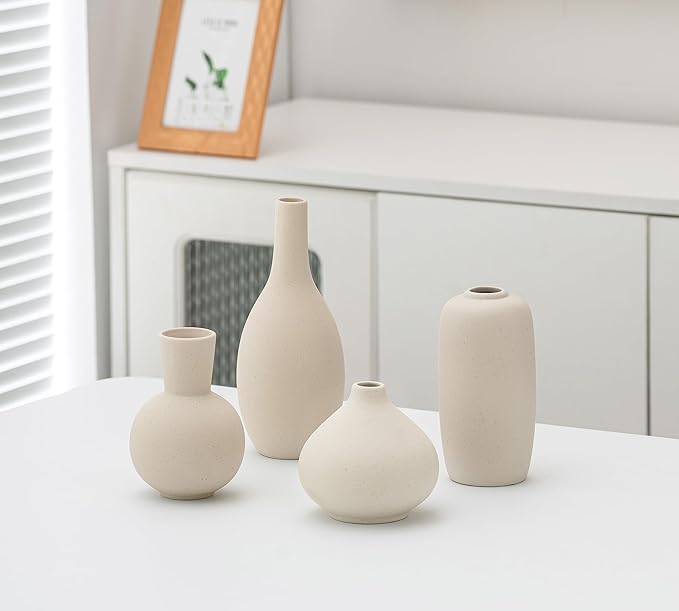 Beige Ceramic Vase Home Decor Small Flowers Vase Set of 4 Living Room Decoration Bookshelf Bedroom Kitchen Dining Table Modern Farmhouse