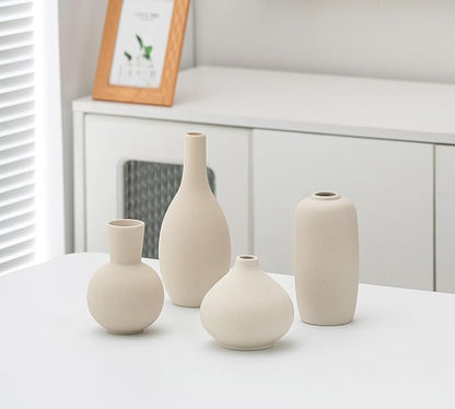 Beige Ceramic Vase Home Decor Small Flowers Vase Set of 4 Living Room Decoration Bookshelf Bedroom Kitchen Dining Table Modern Farmhouse