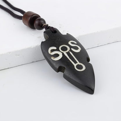 Handmade Black Bull Bone Pendant Necklace, Traditional Tribal Design, Wooden Beads, Adjustable Braided Rope, 24 Inch, Surfer Style