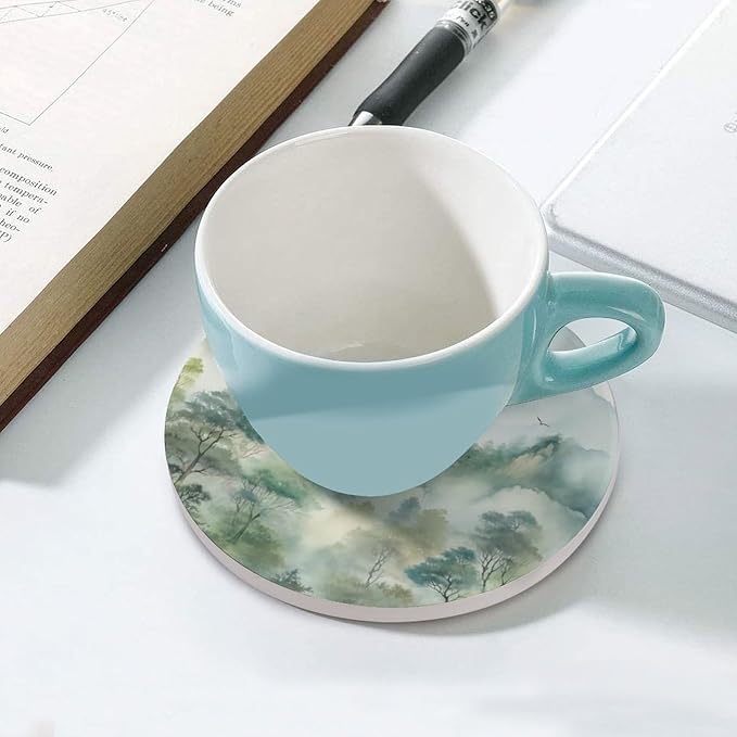 Round-6PCS Forest Drink Coasters, Round Modern Ceramic Absorbent Coasters, Watercolor Style Nature Woodland Green Forest Mountain Plant Birds Desk Coffee Table Coaster for Beverage Cup Tea Coasters