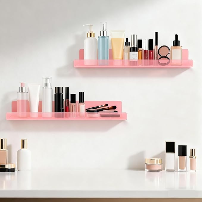 Dezzer 6 Pack Acrylic Shelves for Wall, 15" Acrylic Floating Shelves for Bathroom Bedroom, Invisible Bookshelf Wall Ledge Storage Shelf Books Perfume Toys Action Figure Display Shelves, Pink